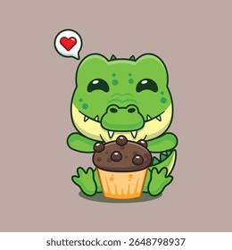 Crocodilo bonito com ilustração de vetor de desenho animado de bolo de xícara