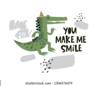 Cute crocodile dancing illustration with text You make me smile on hand drawn shapes background. Vector flat cartoon illustration for card, poster, nursery, fabric