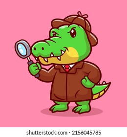 Cute Crocodile Detective With Magnifying Glass Cartoon Vector Icon Illustration. Animal Profession Icon Concept Isolated Premium Vector. Flat Cartoon Style