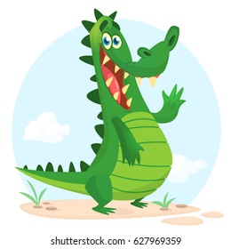 Cute crocodile or dinosaur waving cartoon. Vector character illustration for children book.