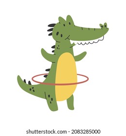 Cute crocodile doing exercise with hula hoop vector cartoon character isolated on a white background.