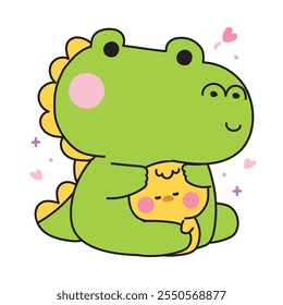 Lindo cocodrilo muñeca abrazo pequeño pollo con corazón. Reptil y Farm bird personaje de dibujos animados design.Imagen para pegatina, ropa de bebé, estacionario. Kawaii. Vector. ilustración.