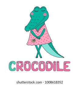 A cute crocodile dressed in pink. The letter C and the word crocodile from the funny children's alphabet with the eyes. Vector illustration on the white background in cartoon style.