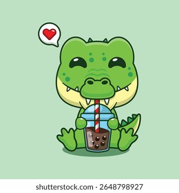 Cute crocodile drink bubble milk tea cartoon vector illustration