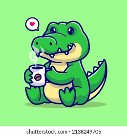Ilustración de Icono del vector de dibujos animados de café con bebida de cocodrilo. Vector Premium Aislado Con El Concepto De Icono De Bebida Animal. Estilo de dibujo plano
