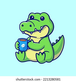 Cute Crocodile Drinking Coffee Cartoon Vector Icon Illustration. Animal Drink Icon Concept Isolated Premium Vector. Flat Cartoon Style