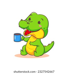 Cute crocodile drinking coffee cartoon character on white background vector illustration. Funny Alligator Predator Green Adorable animal concept design.