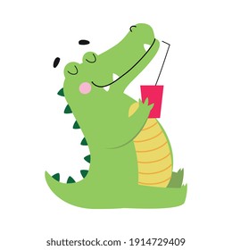 Cute Crocodile Drinking Soda Drink, Funny Alligator Predator Green Animal Character Cartoon Style Vector Illustration