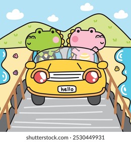 Crocodilo bonito carro de condução na praia estrada mar fundo.Traffic.Vehicle.Travel.Trip.Love.Summer.Animal personagem design.Image para cartão,cartaz,roupas de bebê.Kawaii.Vetor.Illustration