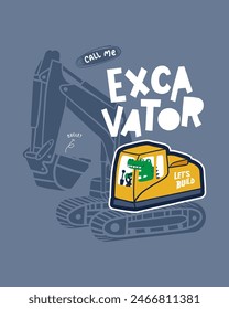 A cute crocodile driving an excavator, a fun illustration for greeting cards or t-shirt designs for boys and girls.