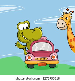 Cute Crocodile Driving a Litlle Car meet the Giraffe Illustration. - Vector