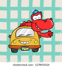 Cute Crocodile Driving a Litlle Car Illustration. - Vector