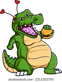 Cute Crocodile Eating Burger Cartoon Vector of illustration