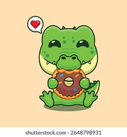 Crocodilo bonito comendo donut desenho animado vetor ilustração