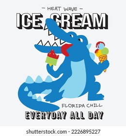 Cute crocodile eating ice cream of illustration vector , hand drawn for tshirt and print 