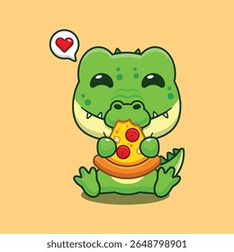 Cute crocodile eating pizza cartoon vector illustration