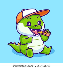 Crocodilo bonito comendo Pizza Desenho Animado Ícone Ilustração. Animal Food Icon Conceito Isolado Premium Vetor. Estilo de Desenho Animado Plano