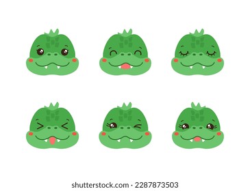 Cute crocodile emoji icon set. Messenger emoticon. Safari animal icons. Kawaii crocodile emoji smile happy facial expressions. Cartoon animal vector signs. Kawaii anime comic style crocodile isolated.