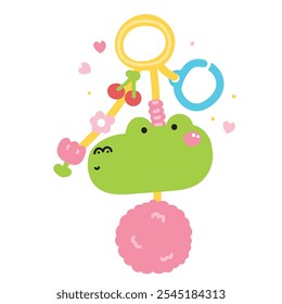 Cute crocodile face head keychain bag with bead.Flower,cherry,furry ball.Reptile animal cartoon.Image for card,sticker,decoration item.Kawaii.Vector.Illustration.