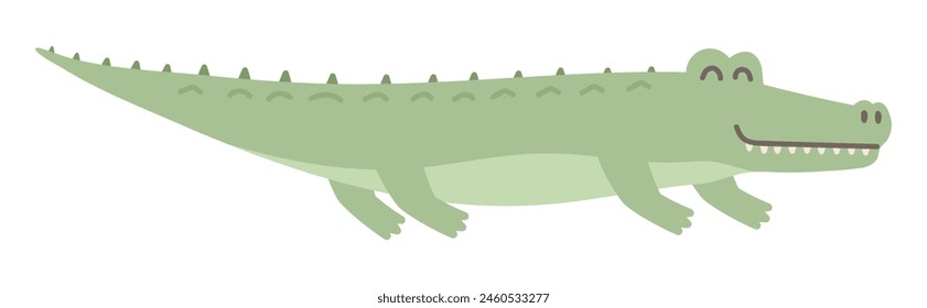 Cute crocodile in flat design. Happy wildlife alligator, safari reptile. Vector illustration isolated.