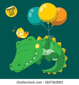 Cute crocodile floating with balloon. Paper cut art.