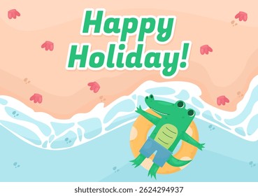 Cute crocodile floating with swimming ring in the beach enjoy vocation vector illustration