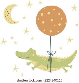 Cute crocodile is flying in a balloon, vector illustration for design, print, pattern,