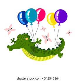 Cute Crocodile flying on balloons. Vector illustration