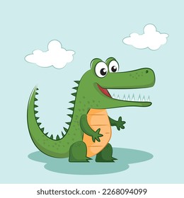 Cute Crocodile. Funny Alligator Predator Green Animal Character Cartoon Style Vector Illustration