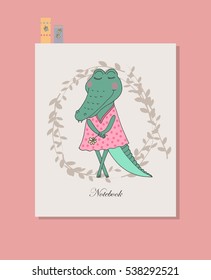 Cute crocodile girl in dress. Funny vector illustration in cartoon style. Can be used for notebook cover, baby announcement, scrapbook, wrapping paper, textiles.