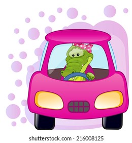 Cute Crocodile girl is sitting in a car 
