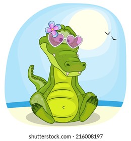 Cute Crocodile girl in sunglasses on the beach 