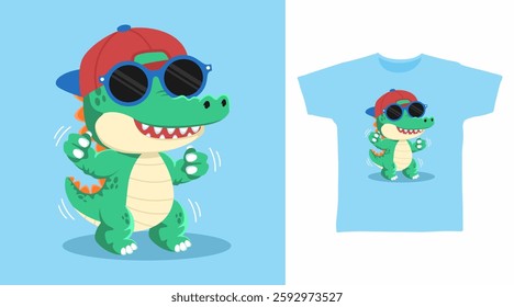 Cute crocodile with glasses hand drawn, ready for print on t shirt and other uses