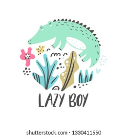 Cute crocodile hand drawn illustration. Baby design for birthday invitation or baby shower, poster, clothing, nursery wall art and travel postcard. Little alligator in cartoon style. African animal.