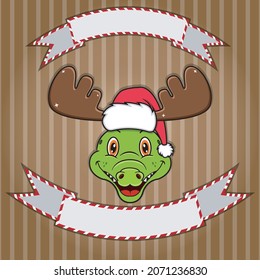 Cute Crocodile Head With Christmas Hat. Blank label and banner. Character, Mascot and Icon. vector and Illustration.
