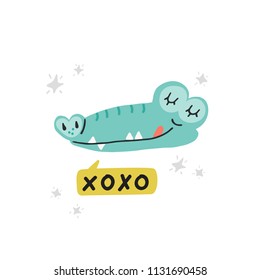 Cute crocodile head vector illustration. Design element, clipart for baby products with hand drawn crocodile drawing 