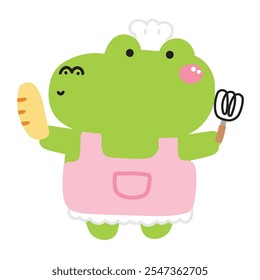 Cute crocodile hold bread and egg whisk.Cooking.Bakery.Sweet and dessert.Reptile animal character cartoon design.Kawaii.Vector.Illustration. 