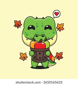 Crocodilo bonito segurando uma maçã no balde de madeira no dia de outono desenho animado vetor ilustração