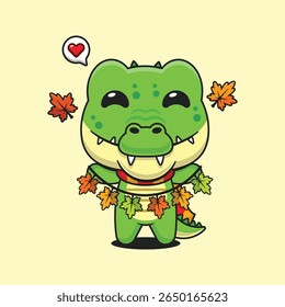 Crocodilo bonito segurando a decoração da folha do outono na ilustração do vetor do desenho animado do dia do outono