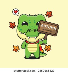 Crocodilo bonito segurando placa de sinais de outono na ilustração de vetor de desenhos animados de dia de outono