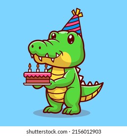 Cute Crocodile Holding Birthday Cake Cartoon Vector Icon Illustration. Animal Nature Icon Concept Isolated Premium Vector. Flat Cartoon Style