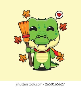 Crocodilo bonito segurando vassoura no dia de outono desenho animado vetor ilustração