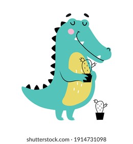 Cute Crocodile Holding Cactus in Flower Pot, Funny Alligator Predator Animal Character Cartoon Style Vector Illustration