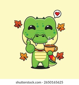 Crocodilo bonito segurando uma xícara de café no dia de outono desenho animado vetor ilustração