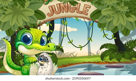 Cute crocodile holding egg in lush jungle setting