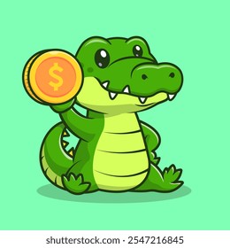 Crocodilo bonito segurando moeda de ouro ícone do vetor do desenho animado 
Ilustração. Animal Finance Icon Conceito Isolado Premium 
Vetor. Estilo de Desenho Animado Plano