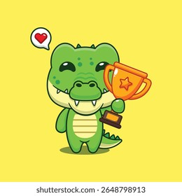 Cute crocodile holding gold trophy cup cartoon vector illustration