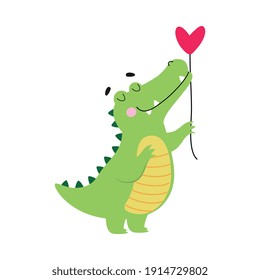 Cute Crocodile Holding Heart Shaped Balloon, Funny Alligator Predator Green Animal Character Cartoon Style Vector Illustration