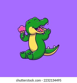 Cute Crocodile Holding Ice Cream Cartoon Vector Icons Illustration. Flat Cartoon Concept. Suitable for any creative project.
