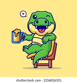 Cute Crocodile Holding Juice on Chair Cartoon Vector Icon Illustration. Animal Drink Icon Concept Isolated Premium Vector. Flat Cartoon Style